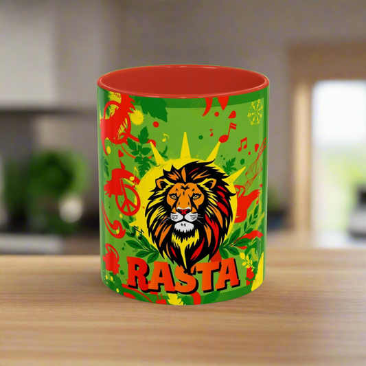 Rasta Accent Coffee Mug (11, 15oz) white ceramic with colored interior and handle